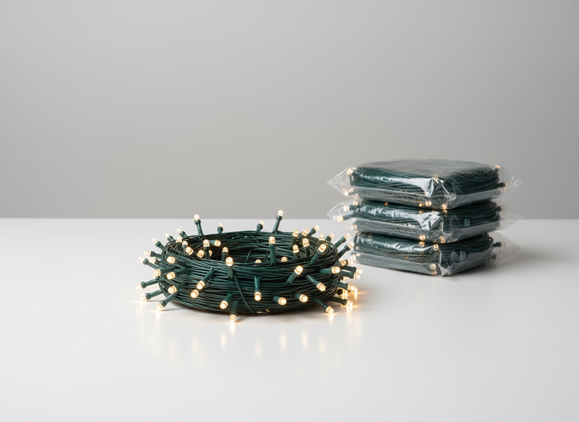 A neatly coiled bundle of professional-grade LED Christmas string lights, featuring slim, dark green cable and evenly spaced, small warm-white bulbs, placed on a smooth white tabletop in a minimalist studio environment. Nearby, several transparent plastic bags filled with identical light sets are stacked in an orderly manner, hinting at wholesale quantities. Soft, neutral studio lighting from above ensures clear visibility of every detail without harsh contrasts, creating a faint, soft-edged shadow beneath the bundle. Captured from a slightly elevated angle with the main bundle in sharp focus and background packages gently blurred, the composition underscores organization and quality. The atmosphere is clean, reliable, and businesslike, with a photographic realism that suits a professional event supply and rental website.