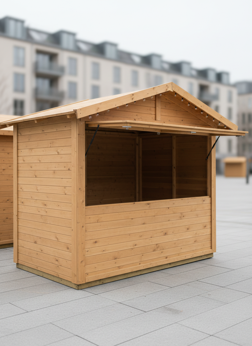 A close-up view of an elegant wooden Christmas market hut, constructed from smooth, light-toned timber panels with clean joints and a sturdy pitched roof. The hut stands on a level paved surface in an open outdoor area, with neutral, blurred buildings in the background. Discreet, cool-white LED string lights trace the roofline, unlit for a professional daytime look. Soft overcast daylight provides even, shadow-free illumination, revealing the fine wood grain and precise craftsmanship. Framed using the rule of thirds at eye level, the composition focuses on the structure’s quality and rental-ready condition. The atmosphere is professional and versatile, with a minimalist, photographic aesthetic suitable for showcasing premium event structures.