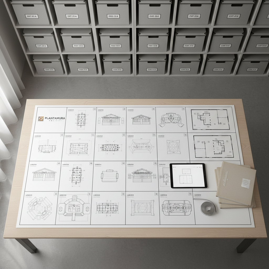 An event planning workspace featuring a large, light-wood desk neatly arranged with printed technical layouts of Christmas huts, foosball tables, and inflatable zones spread in a grid-like fashion. A tablet displaying a neutral floor plan interface rests beside a closed measuring tape and a tidy stack of unbranded file folders. The background shows modular shelving with uniformly sized storage boxes labeled with simple codes, all in soft grey tones. Natural daylight from an unseen window on the left mixes with subtle overhead lighting, creating a bright, even illumination and soft shadows along the desk edges. Shot from a directly overhead, bird’s-eye perspective, the composition feels structured and methodical. The mood is strategic and professional, supporting Plantamura Noleggi’s role in organizing events with precision.