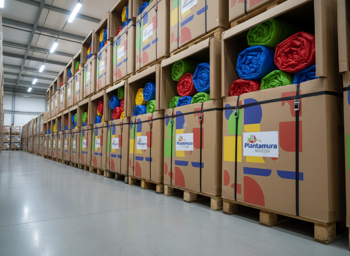 A colorful yet orderly row of boxed inflatable attractions, each featuring neutral, abstract designs in primary colors, carefully stacked on euro pallets along a warehouse aisle. Heavy-duty straps secure the compact rolls of PVC material inside partially open cartons, revealing the durable textures. The polished concrete floor reflects soft overhead warehouse lighting, which produces even illumination and subtle shadows beneath the stacks. Captured from a low, slightly diagonal angle, the aisle leads the eye into the distance, emphasizing depth, stock availability, and logistics. The mood is efficient and structured, with a clean, corporate photographic aesthetic that highlights Plantamura Noleggi’s capacity to supply inflatables for events and fairs in an organized, professional manner.