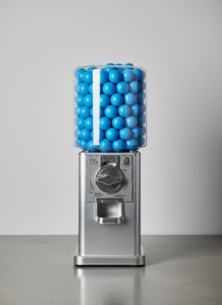 A compact mechanical ball dispenser for vending capsules, featuring a transparent cylindrical container filled with uniformly colored, brand-neutral plastic balls, mounted on a sturdy metallic stand with a simple, brushed finish. The machine stands alone against a smooth, light grey backdrop, placed on a subtly reflective surface that mirrors its base. Soft, diffused studio lighting from above and slightly to the side creates controlled highlights on the clear plastic dome and metal components, with a gentle shadow cast behind. Shot straight-on at eye level with centered composition and sharp focus, the image feels technical and product-focused. The mood is precise, trustworthy, and corporate, with a clean photographic style that emphasizes reliability and wholesale availability.