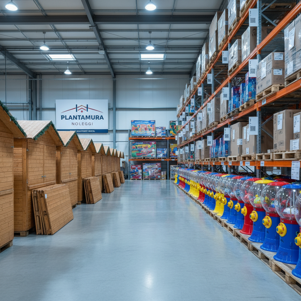 A spacious, meticulously organized warehouse interior filled with neatly arranged event rental equipment, including rows of wooden Christmas market huts, boxed inflatable games, and mechanical ball dispensers. Everything is aligned on polished concrete flooring with clear pathways, metal shelving, and labeled pallets. Cool, diffused overhead industrial lighting evenly illuminates the scene, creating soft reflections on plastic surfaces and gentle shadows under the wooden structures. Shot from a slightly elevated eye-level angle with sharp focus throughout, the composition emphasizes order, professionalism, and capacity. The mood is calm, efficient, and corporate, with a clean, photographic realism that highlights the scale and reliability of Plantamura Noleggi’s equipment inventory without visual clutter.
