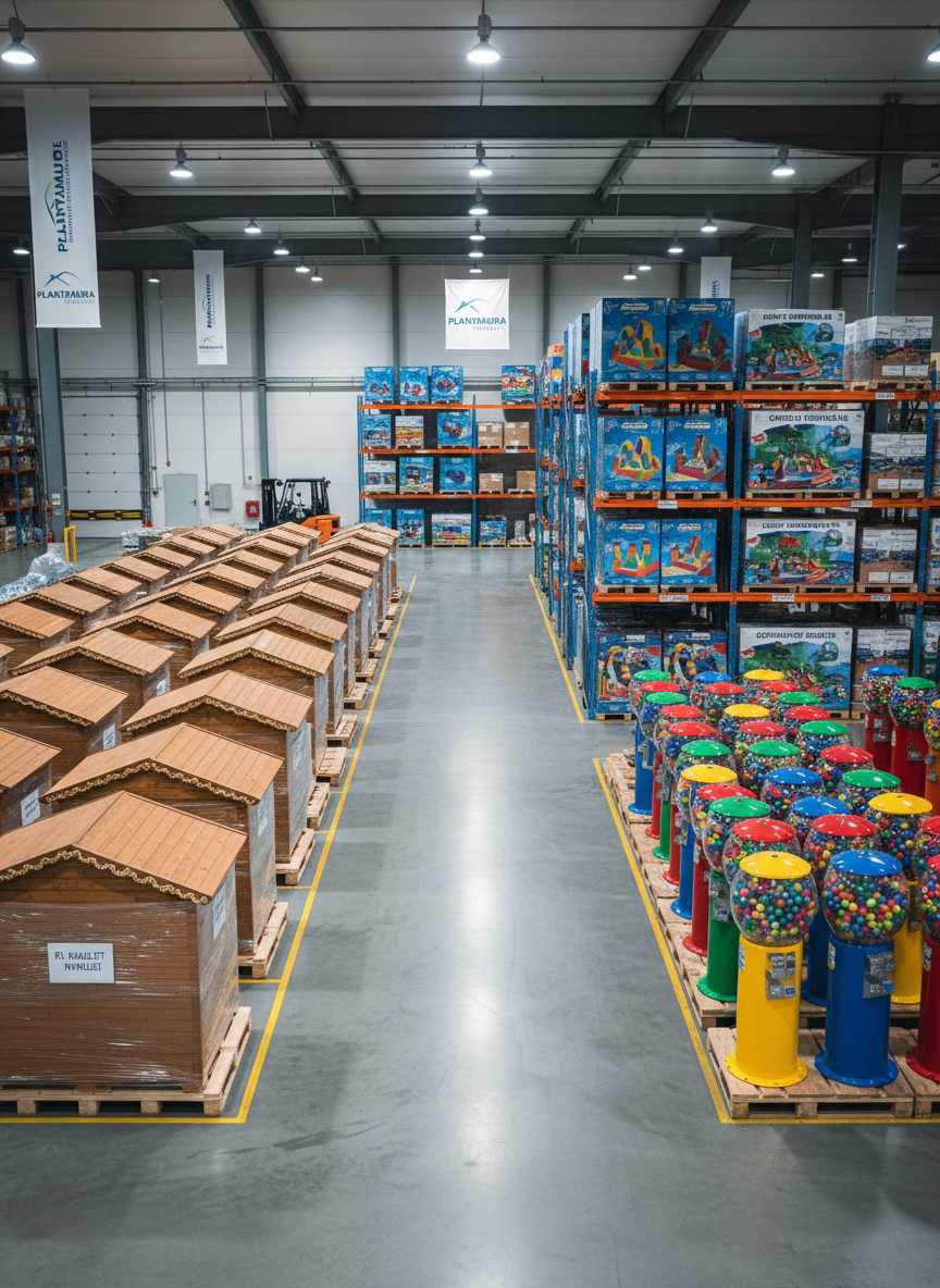 A spacious, meticulously organized warehouse interior filled with neatly arranged event rental equipment, including rows of wooden Christmas market huts, boxed inflatable games, and mechanical ball dispensers. Everything is aligned on polished concrete flooring with clear pathways, metal shelving, and labeled pallets. Cool, diffused overhead industrial lighting evenly illuminates the scene, creating soft reflections on plastic surfaces and gentle shadows under the wooden structures. Shot from a slightly elevated eye-level angle with sharp focus throughout, the composition emphasizes order, professionalism, and capacity. The mood is calm, efficient, and corporate, with a clean, photographic realism that highlights the scale and reliability of Plantamura Noleggi’s equipment inventory without visual clutter.