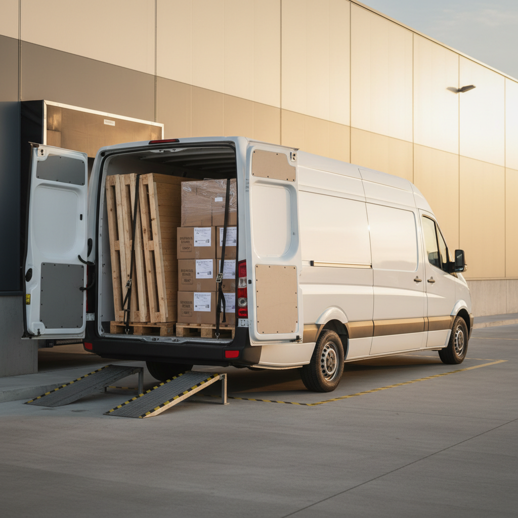 A clean, modern loading bay scene showing the rear of a neutral, unbranded white delivery van backed up to a warehouse dock with its doors open. Inside the van, securely strapped wooden Christmas huts panels, boxed foosball tables, and sealed cartons of mechanical ball dispensers are arranged in an orderly manner on pallets. The concrete driveway is spotless, with clear safety markings and a simple metal dock ramp. Soft late-afternoon daylight casts long, gentle shadows and creates subtle highlights on the van’s bodywork, while the warehouse façade remains in neutral tones. Captured from a three-quarter angle at eye level, the composition emphasizes logistics, reliability, and readiness. The atmosphere is professional and efficient, with a crisp, photographic corporate aesthetic.